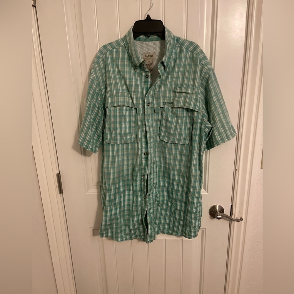 L.L. BEAN Men's Short Sleeve Button Shirt Green Plaid Size Medium TALL